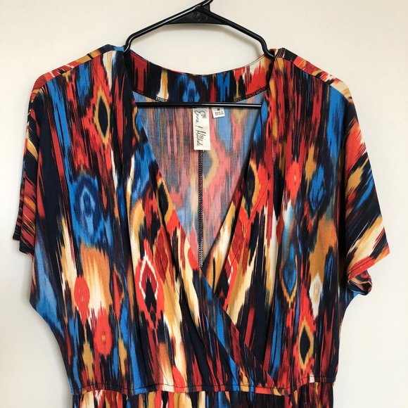 Emma & Michele Red, Blue and Yellow Print Dress w/Pockets - Size Medium - Picture 4 of 5